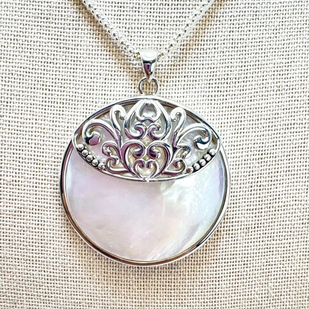 Sterling Silver 925 Mother of Pearl Scroll Pendant Necklace Size 23.5" Length